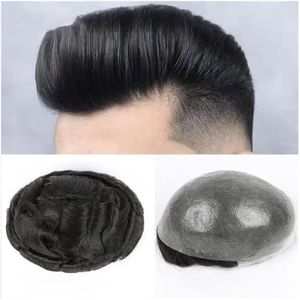 Pruik, 100% puur echt haar, prothese, dunne huid, toupet voor mannen, onzichtbare V-lus, huid rond het haar, transparant vervangingssysteem, toupethaar (Off Black, 8x10)