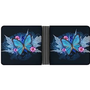 Blauwe vlinder flora heren lederen portemonnee minimalistische blokkerende tweevoudige portefeuilles slanke portemonnee met 6 creditcards