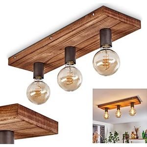 Plafondlamp Amnicon, moderne plafondlamp van hout en metaal in lichtbruin en zwart, open design, 3 lampen, 3 x E27 fitting, zonder gloeilampen