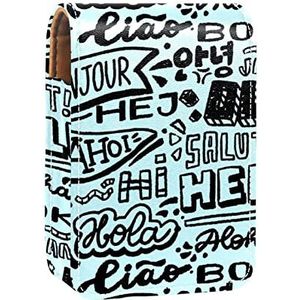 Make-up Lipstick Case voor Buiten Hallo Verschillende Talen Blauw Draagbare Lippenstift Organizer met Spiegel Dames Mini Make-up Tas Neemt Tot 3 Lippenstift