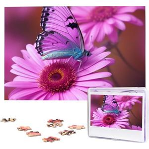 KHiry Puzzels 1000 stuks gepersonaliseerde legpuzzels roze bloem paarse vlinder foto puzzel uitdagende foto puzzel voor volwassenen Personaliz Jigsaw met opbergtas (74,9 cm x 50 cm)