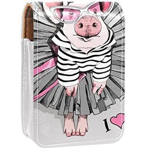 Lippenstift Hoesje met Spiegel Roze Varken Dansen Grijs I Love Ballet Lip Gloss Houder Draagbare Lippenstift Opbergdoos Reizen Make-up Tas Mini Lederen Cosmetische Pouch Houdt 3 Lippenstift