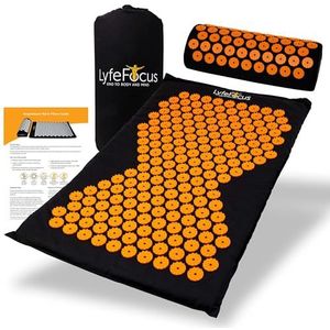 LyfeFocus Acupressuurmat & kussenset met reistas - gewatteerde spike, acupunctuur, massagemat voor rug-, nek- en schouderpijnverlichting - verlicht spierspanning en stress (zwart en oranje)