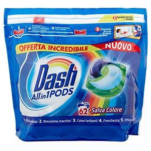 Dash All in 1 Pods Wasmiddelcapsules, 62 wasbeurten, speciaal voor gekleurde kledingstukken, maxi-formaat, dieptereiniging, voor alle kledingstukken