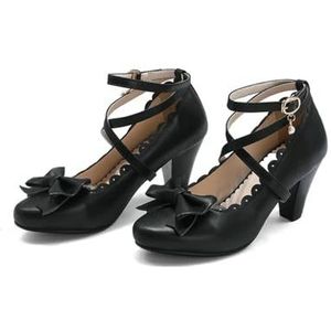 Leuke spike-hak-klassieke Lolita-schoenen, modieuze retro damesschoenen met kruisriem, hoge hakken, strik, ronde teen, damesleer, schattige pumps, roze, zwart, voetwe, zwart, 38 EU