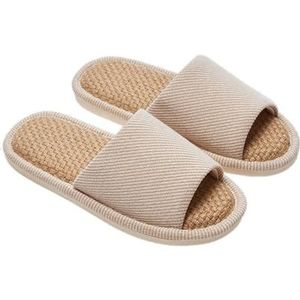 MZPOZB Stof Thuis Slippers Linnen Vrouwen Slippers Mute Comfortabele Indoor Thuis Paar Schoenen Zachte Zool Antislip Paar Vier Seizoen Slides Huis Schoenen, Beige, 38-39 insole 25cm