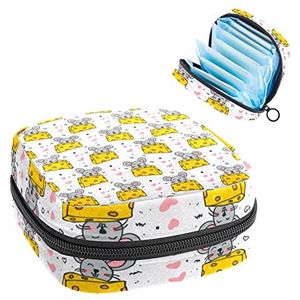 Periode Pouch Draagbare Tampon Opbergtas,Tampon Houder voor Portemonnee Vrouwelijke Product Organizer,Doodle Muis en Kaas, Meerkleurig, 4.7x6.6x6.6 in/12x17x17 cm
