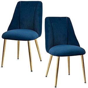 GEIRONV Flanel Dining Chairs Set van 2, 50 × 56 × 85 cm Goud Metalen benen Kantoorstoel Woonkamer Slaapkamer Apartment Lounge Chair Eetstoelen (Color : Blue)