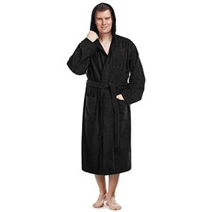 Herenbadjas met capuchon, kuitlengte, 100% Katoenen Badstof, Zwart, L