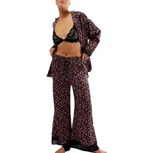 Dames Zomer Klassieke Knoopjes Lange Satijnen Zijden Pyjama Set(Black red flowers,X-Large)