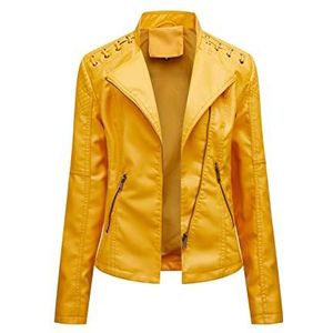Dames PU Leren Jas Motorjas Slanke Dames Korte Jas Bikerjack Kunstleer Punk Jassen (Color : Yellow, Size : XXL)