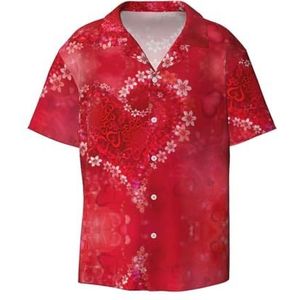 EdWal Valentijnsdag Rood Hart Bloem Print Heren Korte Mouw Button Down Shirts Casual Losse Fit Zomer Strand Shirts Heren Jurk Shirts, Zwart, XXL