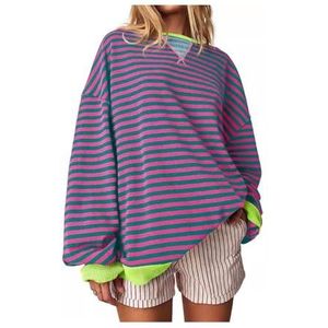 Gestreepte trui Dames Oversized gestreept sweatshirt Kleurblok Sweatshirt met lange mouwen en ronde hals Los truishirt (Color : Purple Pink, Size : L)