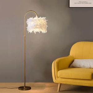 Arc Feather Vloerlamp Boho Vloerlampen met Witte Veren Schaduw Dimbaar 3 Kleurtemperatuur met Voetschakelaar Staande Vloerlamp voor Woonkamer Slaapkamer Kantoor Studeerkamer