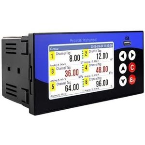 Datalogger met 1 tot 6 kanalen met gegevensweergave via balk- en bochtgrafiek (temperatuur, luchtvochtigheid) en USB-interface (2 kanalen (220 VAC)