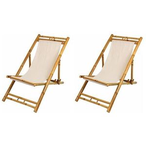 2 x bamboe relax-ligstoel, beige, strandstoel, terrasstoel, tuinstoel, 60 x 135 cm