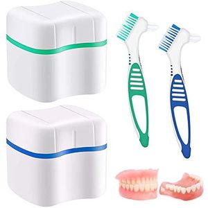 Guador 2 stuks tandprothesen, etui, 2 prothesen, reinigingsborstels, prothesen, bad-box, prothesen, reiniger, borstel, prothesen, tandenborstel, prothesen, beker, box, bad-prothesen, container met