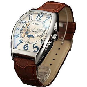 Sewor Luxe Wervel Man Fasen van de Maan Mechanische Automatische Horloge Band Lederen Band Glas Coating Blauw, Zilver Wit, Strap, Zilver Wit, riem