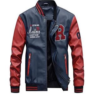 Jas Heren Borduurwerk Baseball Jassen Pu Leren Jassen Slim Fit College Luxe Fleece Piloten Leren Jassen-Marineblauw,XXL