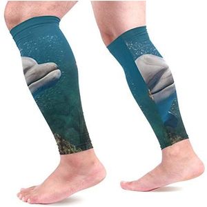 EZIOLY Dolfijn onderwater ontmoet blonde zeemeermin sport kalf compressie mouwen been compressie sokken kuitbeschermer voor hardlopen, fietsen, moederschap, reizen, verpleegkundigen