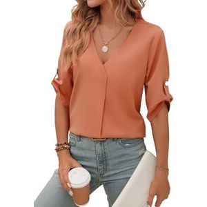 dames topjes Blouse met roltabmouwen Casual damestop met V-hals en knoopsluiting (Color : Coral Orange, Size : Small)