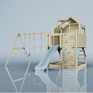 Rebo Speeltoren met speelhuis incl. golfglijbaan, kinderschommel en trapeziumstang, outdoor klimrek tuin, klimwand en klimladder, stabiele constructie