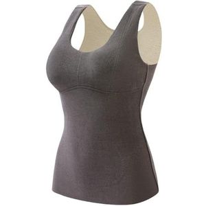 Mouwloze Microfleece Thermische Shirts Voor Dames V-Hals Vest Met Afneembare Ingebouwde Bh, Winter Geborstelde Warme Damesvest Tops, Cami Tanktop Vest Mouwloos,Donkergrijs,M