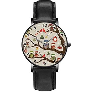 Kerst Stijlvolle Boom Met Uil Vogels Decoratie Klassieke Patroon Horloges Persoonlijkheid Business Casual Horloges Mannen Vrouwen Quartz Analoge Horloges, Zwart