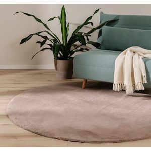 benuta Basic Vloerkleed woonkamer Furry - Taupe Rond 160 cm - Zacht Kunstvezel Vachtkleed - Antislip onderkant - Wasbaar - Voor vloerverwarming geschikt