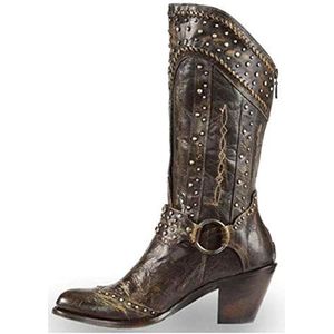 GJHYJK Lederen Knight Boots vrouwen Western Cowboy Laarzen Klinknagel Comfortabele Hoge Laarzen Ronde Teen All-match Mode Mouw Lange Laarzen, Zwart-36