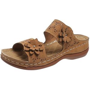 Retro Sleehakpantoffels Met Bloemen Orthopedische Sandalen for Dames Peep Toe Pantoffels Met Steunzool Zomerplatformslippers Vrije Tijd Boho Strandschoenen (Color : Brown, Size : 43 EU)