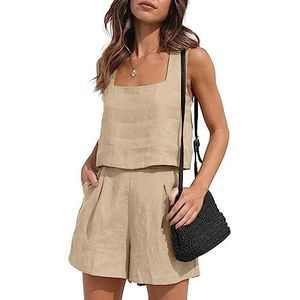 Women Two Piece Outfits Lounge Linen, Tank Top and Shorts, Summer Beach Vacation Clothes, Summer Loose Shorts with Pockets, Boho Streetwear, Linen Matching Sets,Khaki,XXL