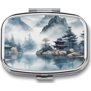 Aziatische Landschap Schilderen Pillendoos Pil Case Leuke Pil Organizer Pil Houder Geneeskunde Pil Organizer Pil Container Dagelijkse Pil Organizer Kleine Pillendoos Pil Case voor Portemonnee Pocket