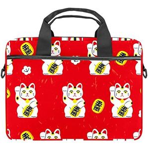 Leuke Japan Cartoon Lucky Neko Katten Rode Achtergrond Laptop Schouder Messenger Bag Crossbody Aktetas Messenger Sleeve voor 13 13.3 14.5 Inch Laptop Tablet Beschermen Tote Bag Case, Meerkleurig, 11x14.5x1.2in /28x36.8x3 cm