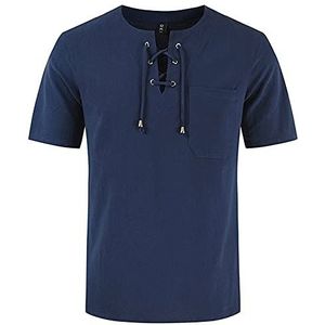 Herenmode Plus Maat T-shirt Katoen Linnen T-shirt, Middeleeuwse Viking Piraat Korte Mouwen Lace Up Shirt, Zomer Strand V-hals Yoga Top Vakantie Casual Blouse