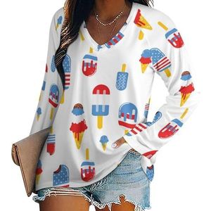 Patriottic Ice Cream Dames V-hals shirt lange mouwen tops casual losse pasvorm blouses