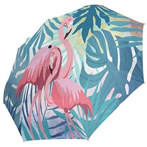 Bladeren Plant Flamingo Palm Automatische Opvouwbare Paraplu UV-bescherming Auto Open Sluiten Vouwen Winddicht Zonneblokkering voor Reizen Strand Vrouwen Kinderen