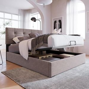 Aunvla Hydraulisch eenpersoonsbed, gestoffeerd bed, 90 x 200 cm, verstelbaar hoofdeinde, bed met lattenbodem van metalen frame, fluweel, modern bedframe met opbergruimte, lichtgrijs