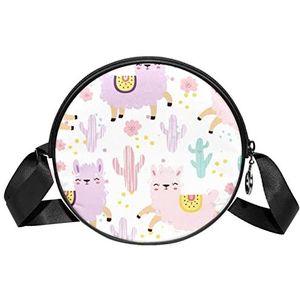 Ronde Crossbody Tas Alpacas Llamas Paars Roze Cactus Cartoon Messenger Bag Purse voor Vrouwen, Meerkleurig, 6.7x6.7x2.3 in, Sling Rugzakken