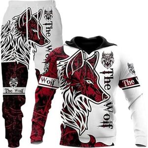 hiegi Kerstmis heren wolf hoodie en broek man 3D-print losse trui + joggingbroek trainingspak huispak joggingsuit punk casual sportkleding set, F-Wolf-2, L