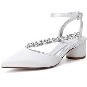 KYEGLO Dames Bruidsschoenen Met Spitse Neus En Gesp-Enkelbandje, Satijnen Gesloten Neus Met Bandjes En Strass-Steentjes Voor Bruiden Op Avondfeesten,ivoor,36