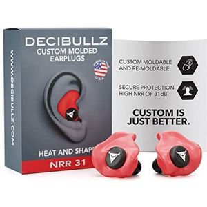Decibullz | Custom Molded Earplugs, Comfortabele Gehoorbescherming, 31dB Demping | Slaap, Concert, Werk, Sport | 3 maten van oordopjes, opbergetui | made in USA - Rood