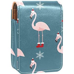 Flamingo met kersthoed patroon lipgloss houder lippenstift case draagbare mini lippenstift opbergdoos reizen lippenstift organizer case met spiegel voor vrouwen, Meerkleurig, 9.5x2x7 cm/3.7x0.8x2.7 in