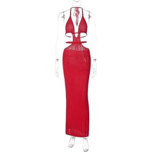 kekafu Sexy zomer boho lange nauwsluitende jurk voor vrouwen, 2024 halfbrugvrij gehaakt rug diepe snit V slanke lange jurk, Rood L, L