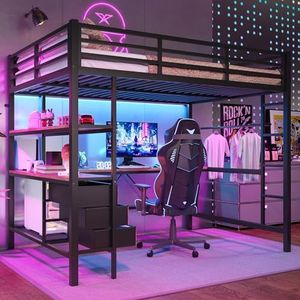 Arhatreya Hoogslaper, 140 x 200 cm, kinderbed met bureau en led, tienerbed met 3 laden, metalen bed met stopcontact + USB, eenpersoonsbed, voor kinderen, jongeren, slaapkamer (zonder matras), zwart