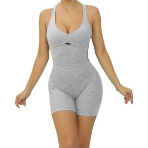 V-rug eendelig kostuum, gekreukt sportpak voor dames, gymnastiekromper, sneldrogende yogakleding, fitness, sexy bodysuit voor vrouwen (wolgrijs, M)