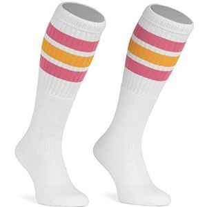 skatersocks 22 inch kniehoge gestreepte dames sokken kniekousen kniehoge hoge overknee old school retro tube sokken wit - bubblegum roze-geel gestreept