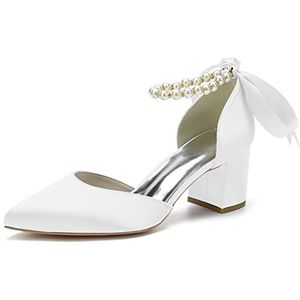 Dames Mid Chunky Blokhakken Trouwjurk Schoenen Parels Enkelbandje Bruidspumps Puntige neus Avondfeest Sandalen,Wit,36 EU