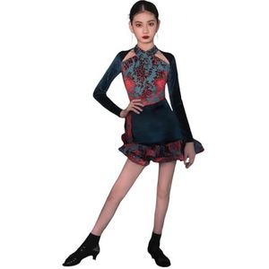 Bloemenborduurwerk Latin Dansjurk for Meisjes Herfst Winter Fluwelen Maillots En Rok Met Lange Mouwen En Rok Kinderdanskleding for Rumba Samba Cha Cha Tango Stijldansen Competitiekostuum(150)