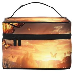 Vlinders vliegen rond de zon reizen make-up tas voor vrouwen, waterbestendige cosmetische tas opvouwbare toilettas leraar geschenken, Vlinders vliegen rond de zon, Eén maat